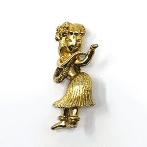 Gold Tone Hawaiian Hula Girl Dancing Brooch